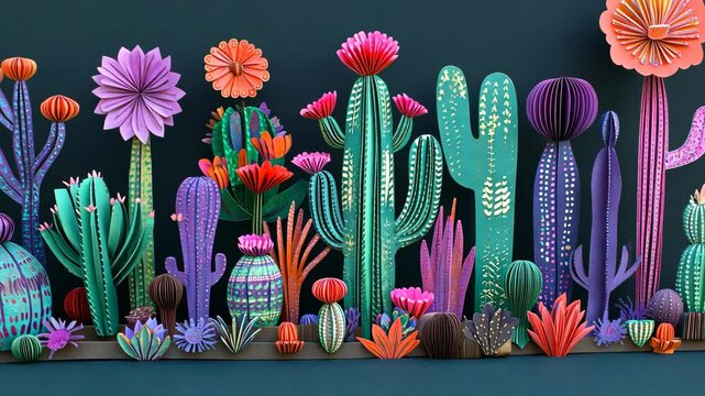 A colorful display of paper cacti and flowers in various shades of green, purple, red, and orange against a dark blue background