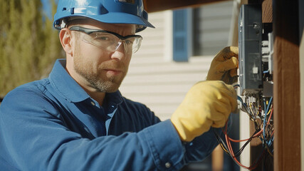 electrician wearing blue working on electrical issues in modern home 