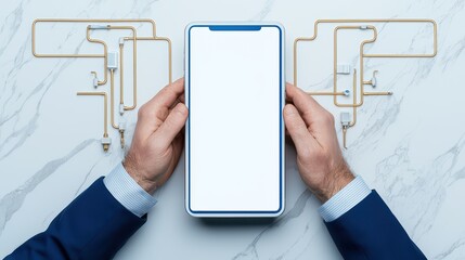 Modern smartphone held by hands on a marble surface with abstract lines, ideal for digital innovation concepts.