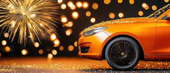 Orange car with fireworks and bokeh background, festive celebration atmosphere.