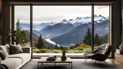 Modern Living Room with Mountain View: Large Windows, Cozy Design