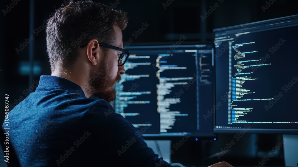 Poster programmer coding on dual monitors in a dimly lit environment, focused on his work.
