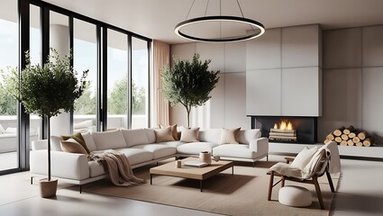 Create a modern, minimalist living room with large floor-to-ceiling windows that let in natural light, showcasing a neutral color palette 