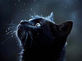 Cute Black Cat with Water Droplets in Dramatic Lighting and Moody Atmosphere