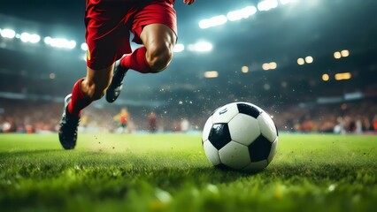 Naklejka premium Soccer Player Dribbling Ball in Stadium Under Lights
