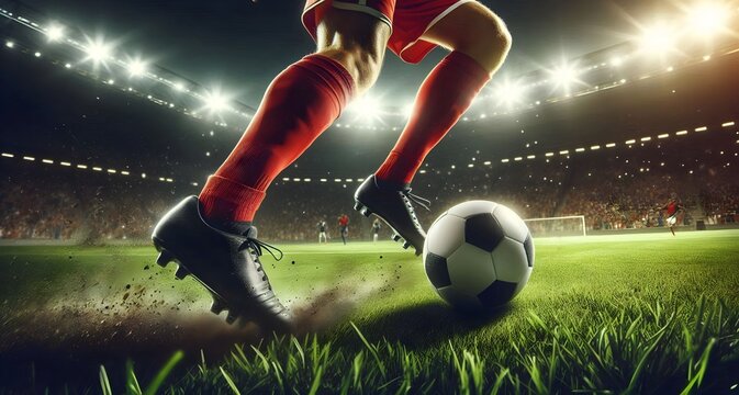 Soccer Player Dribbling Ball in Stadium Under Lights