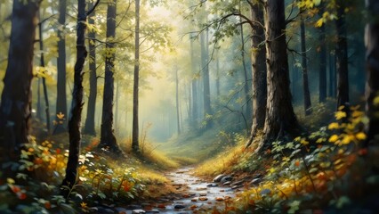 Fototapeta premium Forest Path with Stream: Sunlight, Trees, Tranquil Nature