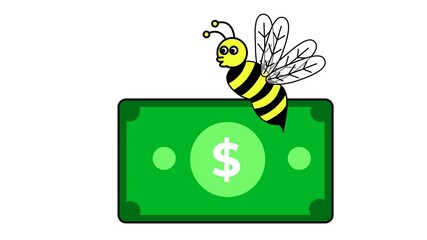 Busy bee and money cartoon animation. Financial growth. Financial savings concept. Alpha channel. Seamless looping.