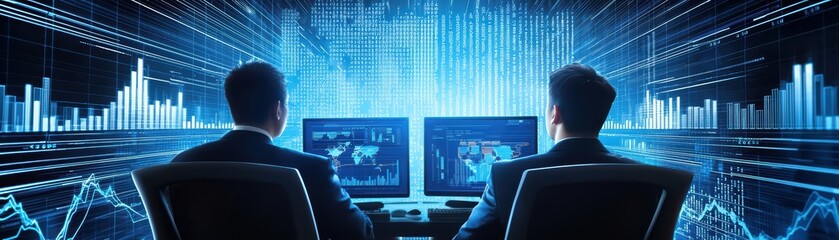 Fototapeta premium Two professionals analyzing data on multiple computer screens in a modern workspace.