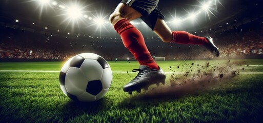 Soccer Player Kicking Ball - Action Shot, Stadium, Close-Up