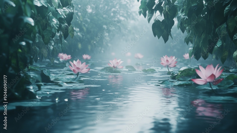 Wall mural an empty scene featuring blank mockup template of a serene river with lotus flowers gently floating 
