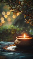 An empty scene featuring blank mockup template of a single diya flickering in the soft light of dusk, set beside a large brass pot filled with water, 
