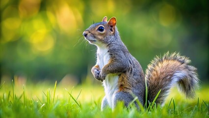 Squirrel standing on grass reflecting in water