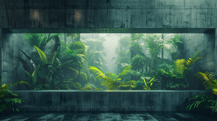 Lush tropical plants viewed through a modern concrete frame, evoking a serene indoor jungle scene