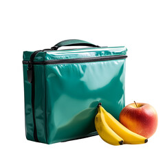 Green lunch bag with fresh banana and apple. Perfect for school, work, or picnic. Insulated for freshness and convenience.