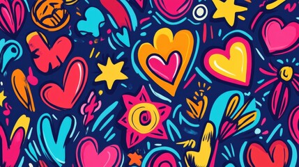 This doodle showcases a lively arrangement of hearts, stars, arrows, and flowers, embodying a cheerful and artistic vibe. Generative AI