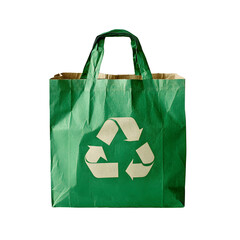 Green eco-friendly paper bag with a recycling symbol, promoting sustainability and environmental responsibility.