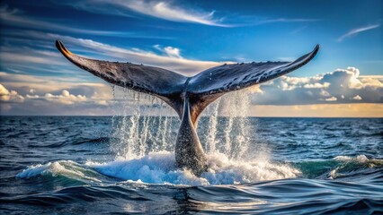 Fototapeta premium Whale's tail peeking out of the ocean surface, Tilted Angle