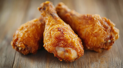 Golden brown fried chicken drumsticks isolated on a wooden table