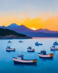 Serene seascape at sunset with fishing boats and mountains in the background.