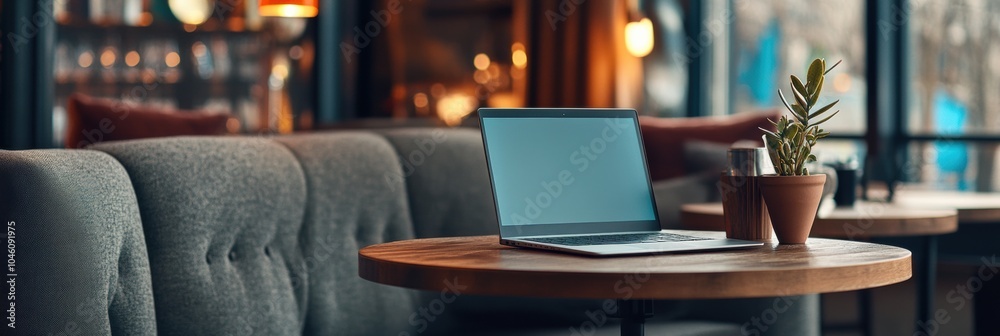 Aufkleber a laptop rests on a round wooden table next to a small plant, creating a warm atmosphere in the bust