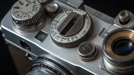 A vintage camera captured in detailed close-up, showcasing its intricate mechanical design and timeless appeal