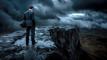 Obraz premium A businessman stands at the edge of a cliff under a stormy sky, contemplating his next move in a moment of uncertainty