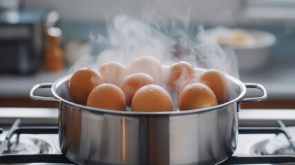 Steaming eggs in pot creates warm and inviting kitchen atmosphere. steam rising from pot adds sense of freshness and culinary delight to scene