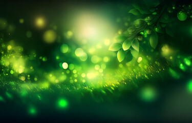 Obraz premium A sunlit clearing in a lush green forest, with a soft, glowing light emanating from the center. The light illuminates the surrounding foliage, creating a magical atmosphere.