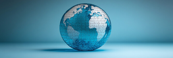 Stylized puzzle-piece globe on a bright blue background, ideal for Autism Awareness Day campaigns, fostering unity and understanding with ample copy space for messaging.