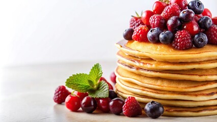 Stacked pancakes with red berries served on a plate