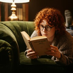 Obraz premium Person reading a book while lying on a couch