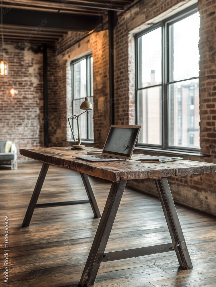 Poster A beautifully designed workspace showcases a rustic wooden table with a laptop and minimal decor, set in a bright loft with large windows. Generative AI