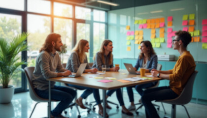 Obraz premium A diverse team brainstorms in a bright glass office, showcasing creativity and collaboration.