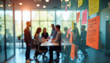 A diverse team brainstorms in a bright glass office, showcasing creativity and collaboration.

