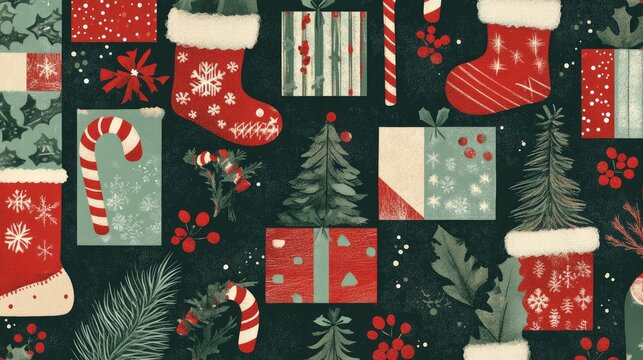 A Christmas-themed patchwork pattern with holiday motifs like candy canes, stockings, and festive trees, arranged in a cozy, seamless quilt design.