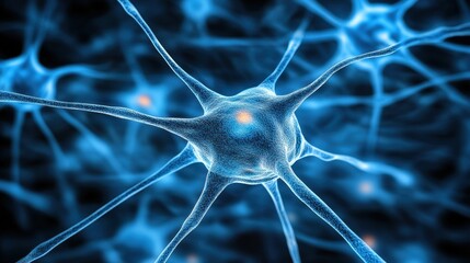 Close-up of a neuron in the brain with glowing connections, neural network concept
