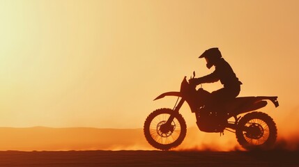 Fototapeta premium Motorcyclist Racing Through Desert Dunes at Sunset