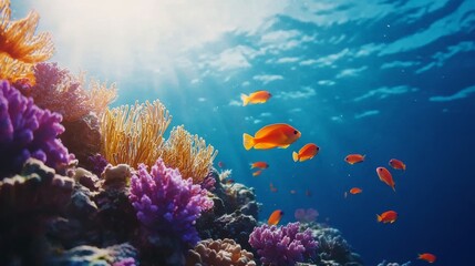 Fototapeta premium Vibrant School of Fish Swimming Through Coral Reef