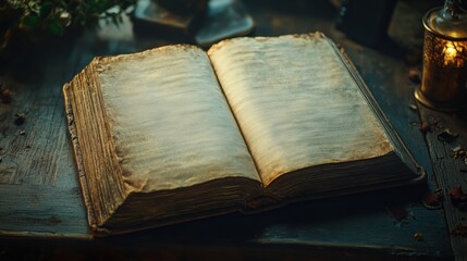 An open book with blank pages set on a table