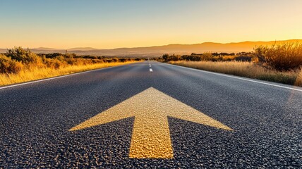 Fototapeta premium Empty road with arrow, sunset, mountains, and clear sky
