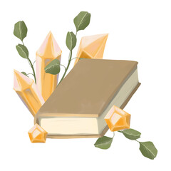 Illustration Composition with Brown Book, Five Golden Crystals, green branches with eucalyptus leaves. Element from the Collection Magic Library.