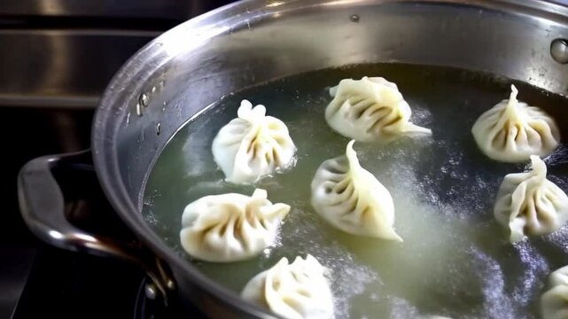 Dumplings are being boiled in a pot full of water