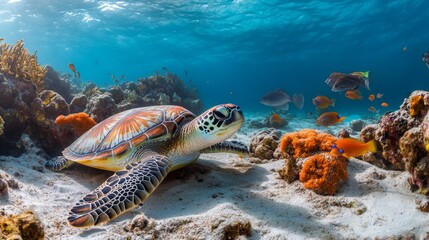 Obraz premium Colorful Sea Turtle Swimming Underwater in Coral Reef