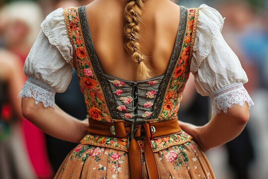 close up of a A couple in traditional Bavarian attire dancing to live music at an Oktoberfest celebration.