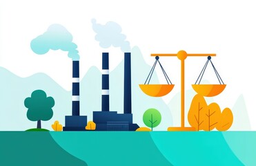 Cartoon Illustration of Industry and Environmental Balance