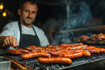 close up of a man grilling sausages at an Oktoberfest food stall.