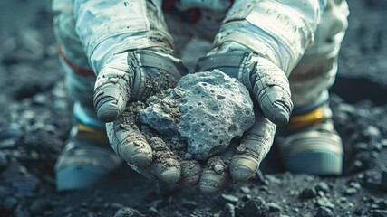 Closeup of astronaut's gloved hands collecting gray moon rock samples on lunar terrain