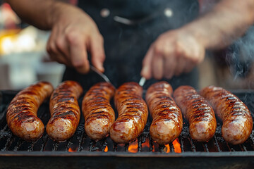 close up of a man grilling sausages at an Oktoberfest food stall.