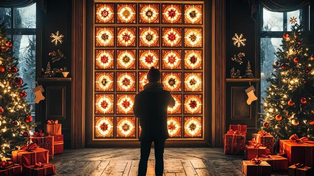 Geometric design of a Christmas advent calendar, with each door forming a part of a larger symmetrical pattern. . Video